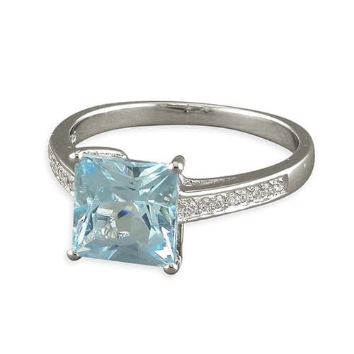 Sterling Silver Ring Square blue topaz with micro-set cubic zirconia shoulders