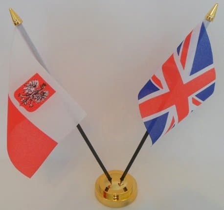 Poland Polish State Eagle Union Jack 2 Flag Friendship Table Display With Gold Base