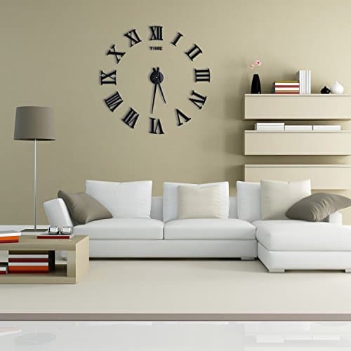 3D Wall Clock DIY Large Sticker Modern Frameless Silent Mirror Roman Numerals Wall Clock Kit Home Office Decoration (Black 2)
