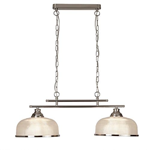 Searchlight Ceiling Modern Hanging Satin Silver Styled 2 Light Hanging Pendant Fitting Holophane Glass Shade on Antique Bar Contemporary Lighting to Match Every Style (Material: Glass)