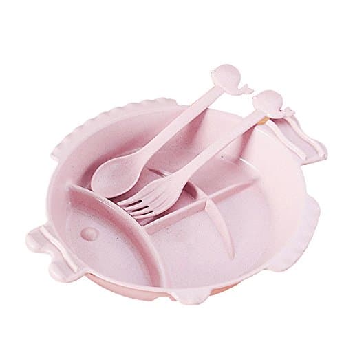 LINAG Babies Tableware Dishes Sets Tray Fork Spoon Tip Children's Cutlery Separate Toddler Feeding Training Self-Feeding Travel,Pink
