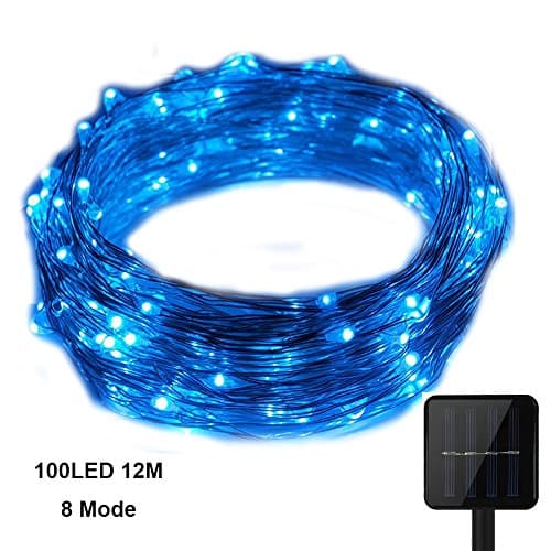 KEEDA Solar Copper Wire Lights,100LED 8 Mode 39.37ft/12m Waterproof Solar Fairy Starry Lights, Garden Outdoor Light Ambiance Lighting for Outside Christmas Tree Decoration (Blue)