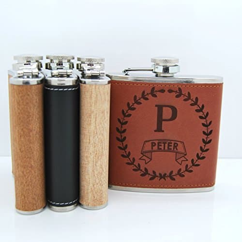 Personalized Monogram Leather &amp; Wood Engraved 6oz Hip Flasks - Best Man/Grooms/Wedding/Father's Day/Birthday Gift (Black Leather Unboxed)