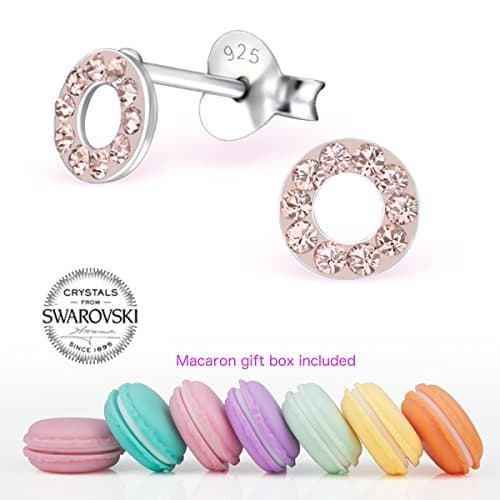 CuteCachoo - Mini macaron gift box included! Swarovski Elements crystal open circle ear studs in silk. Quality sterling silver earrings for kids or adults.