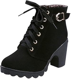 KINDOYO Womens Ladies Mid Chunky Block Heel Chelsea Low Ankle Boots Gussets Platform Faux Lace-Up Shoes , Black