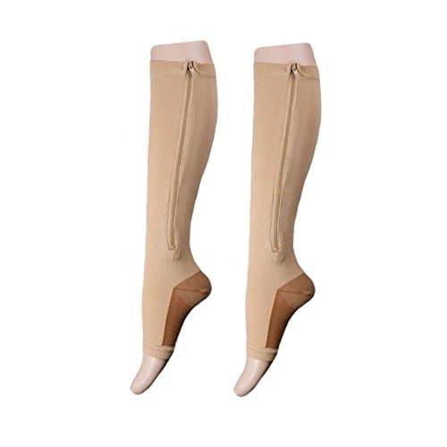 2 Pairs Open Toe Knee Length Copper Infused Zipper Compression Socks By Gofriendly 15-20 mmHg Support 3 Size (2XL, 2 Nude)