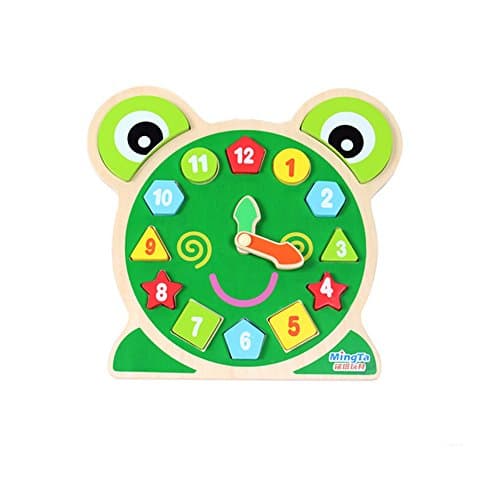 Shape and Color frog Clock Recognition Geometric Clock Board Block for Educational Toy; Wooden Time Learning Puzzle Shape Sorters for 3+years Boys and Girl