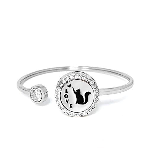 Mini 0.79" Dia Crystal Aromatherapy Bracelet Essential Oil Diffuser Cuff Bangle 316L Stainless Steel Silver Plated Locket Jewelry for Women Girls with 12 Refill Pads Box