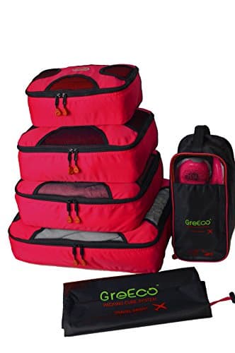 GreEco 4 Pcs Packing Cubes Plus 1 Pc Laundry Bag and 1 Pc Shoe Bag Red