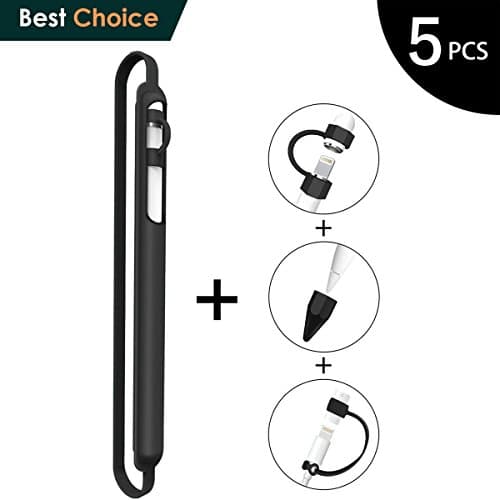 WZE [ 5-Piece] Apple Pencil Case Soft Silicone Protective Cap Holder Nib Cover Adapter Tether Accessories Pocket Sleeve For iPad Pro 9.7/10.5 Pen Black White Pink (A-Black) 4 Pieces Are Free