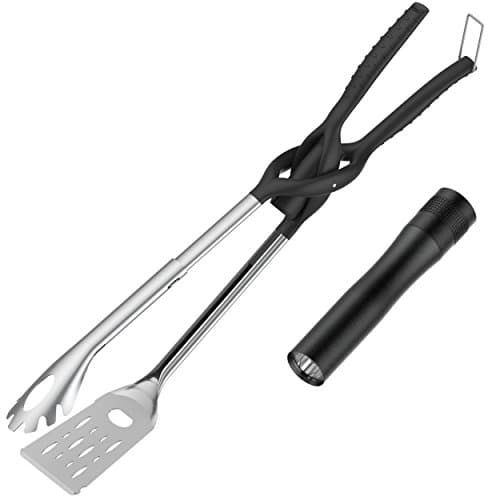 Tonistar Stainless BBQ Multi-Function Accessories, 6-in-1 BBQ Tools Grilling Utensils Barbecue Tongs &amp; Spatula with Serrated Knife Edge, Bottle Opener, Scraper Slot &amp; LED Flashlight