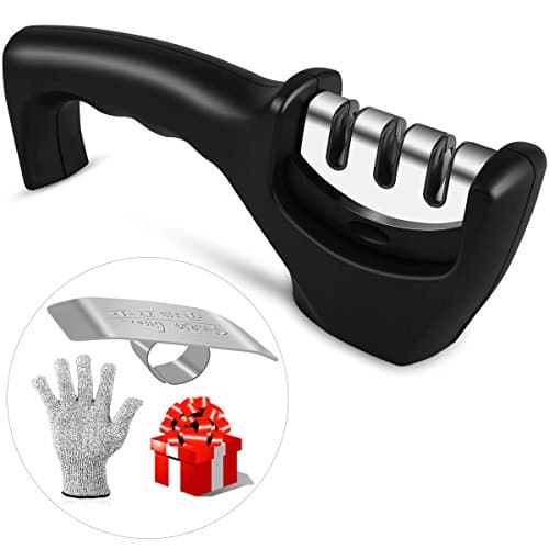 Knife Sharpener, WEIO [UPGRADED 2018] Professional 3-Stage Kitchen Knife Sharpener for Straight Tungsten Diamond Ceramic Knives and Scissors with Cut Resistant Glove and Finger Guard