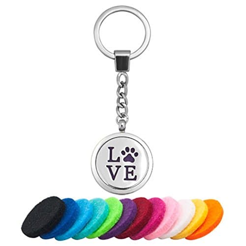 ThirdTimeCharm Aromatherapy Essential Oil Diffuser Love Pet Cat / Dog Paw Locket Keychain Key Ring Jewelry, 12 Refill Pads (Paw Love)
