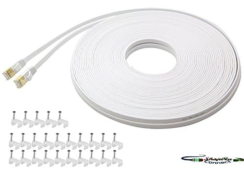 Cat7 Flat Ethernet High Speed Internet Patch Networking Computer Network 100 Feet Long Cord Category 7 Durable Cables Snagless Shielded Gold Plated RJ45 Connectors 10GB 25 LAN Cable Clips 100ft White
