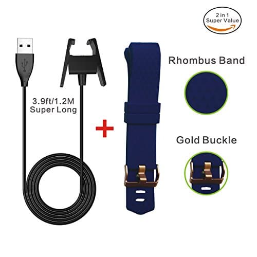 Fitbit Charge 2 Extra Long Wire Charger Cable 3.9ft/1.2M+Fitness Fitbit Wristband Gold Clasp Soft Diamond Bands,Blue Large