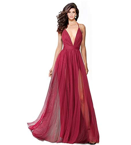 Alluring deep v-Neckline Spaghetti Straps Criss-Cross Open Back Tulle Dual Front Slits Evening Prom Formal Dress