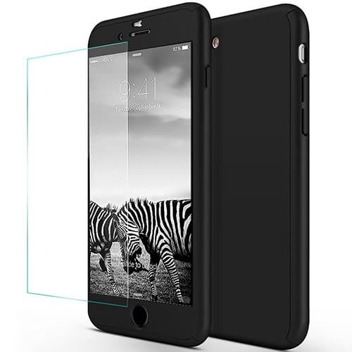 RockE Full Body Slim Polycarbonate Shock Absorption Protective Case with Tempered Glass Screen Protector for iPhone 7, Black - 4.7 Inch