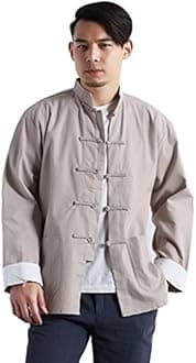 IdopyMen`s Chinese Traditional Linen Cotton Tai Chi Kung Fu Mandarin Collar Frog-Button Shirt