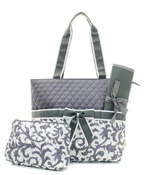 Quilted Damask 3pc Diaper Bag Set