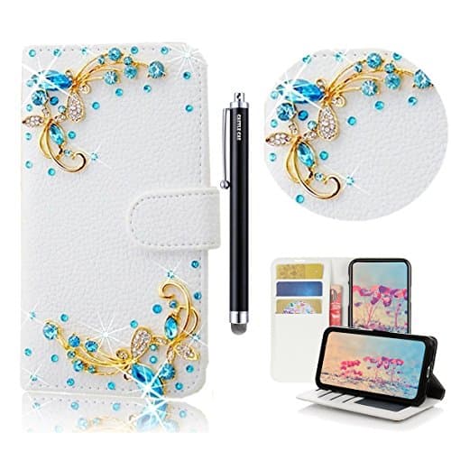 Google Pixel 2 XL Bling Wallet Case - Castle Cas 3D Handmade Sparkle Crystal Pretty Butterfly PU Leather Anti-Scratch Card Slots Bumper Design Cover for Google Pixel 2 XL - Blue