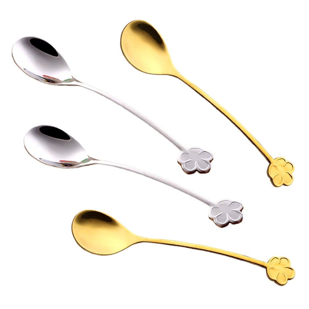 Coffee Spoons, Gift Spoons with Creative Curved Handle, UTours 304 Stainless Steel Plum Spoon Suitable For Lover, Friends, Family, Party, Wedding, Birthday (4 Pcs(2/Gold+2/Silver))