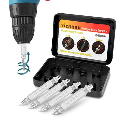 4 Piece Damaged Screw Extractor Remove Set by Vicnunu, Stripped Screws and Broken Bolts Easy-Out Removers, Made From H.S.S. 4341#, 63-65HRC Hardness, 4-Piece Stripped Screw Extractor Kit
