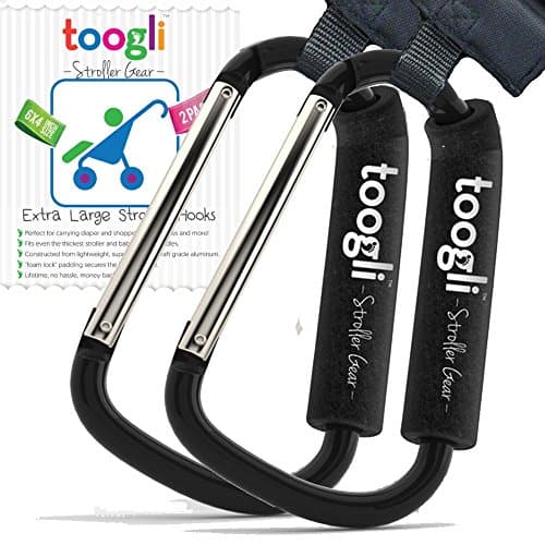 The BETTER XL Stroller Hook Set By Toogli. Two Great Organizer Baby Accessories for Any Mommy or Daddy. Hangs Diaper/Shopping Bags, Purses and More. Clip Even Fits Uppababy Vista and Uppababy Cruz.