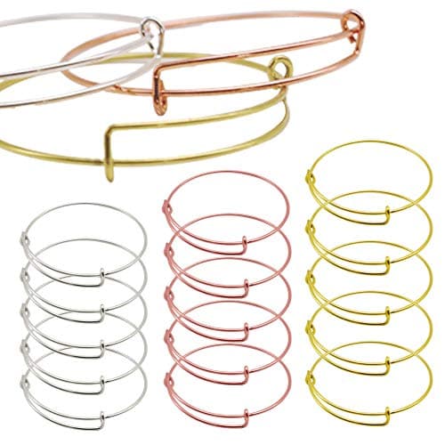 HAKACC 15PCS Expandable Bangle Bracelet, Adjustable Wire Bracelet Bulk Chain for Jewelry Making Christmas Gifts(Silver, Gold and Rose Gold)