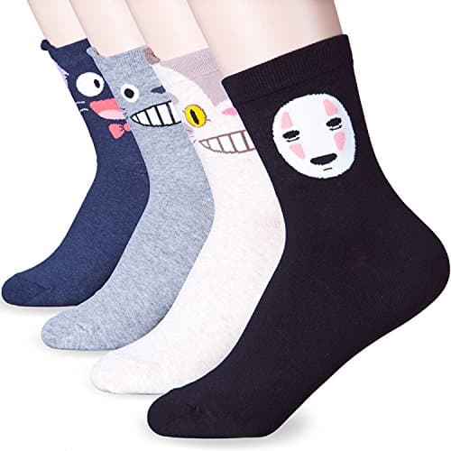 Women's Crew Socks 3-6 Pack by Happytree, Fun Cool Cats Dogs Cartoon Sweet Animal Design Good for Gift Idea One Size Fits All (A Ghibli 4 Pairs)