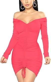 XXTAXNWomen's Sexy Elegant Long Sleeve Off The Shoulder Ruched Mini Dress