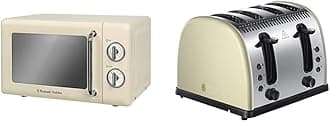 Russell Hobbs RHRETMM705C 17L Retro Manual 700w Solo Microwave Cream & 21302 Legacy 4-Slice Toaster, Stainless Steel, 2400 W, Cream