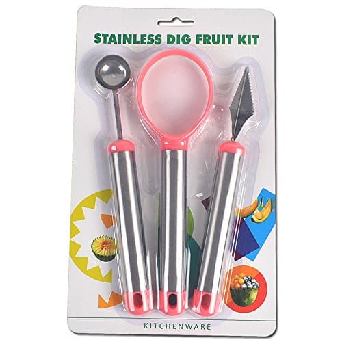 LANCANE 3-in-1 Stainless Fruit Tools Set Melon Baller &amp; Carving Knife &amp; Fruit Scoop Multi-functional Tool for Fruit Bar (Pink)