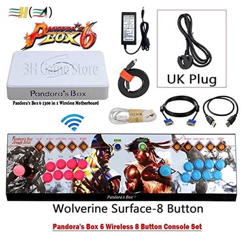 Cholyme LLC 1 Set 8 Button Pandora Box 6 1300 in 1 Wireless Iron Console Set 2 Players Arcade Controller Support FBA mame ps1 3D can add 3000 Game 8b Wireless JGL UK