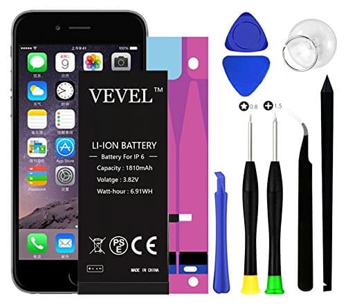 Battery Model iP6, VEVEL Internal Li-ion Cycle Replacement Battery New 1810 mAh with Complete Repair Tool Kits, Adhesive- 2 Year Warranty