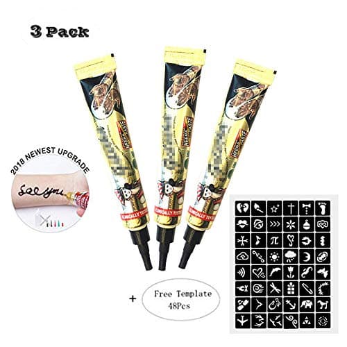 3 Pack Upgraded Temporary Tattoo Paste Cone India Art Drawing Kit Tattoo Stickers with 48 x Adhesive Stencil, Color Black