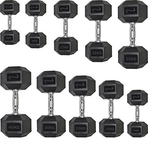 Ultimo Sports Rubber Hexagonal Hex Dumbbells Weight Set Solid 1KG to 40KG - (Singles or Pairs)