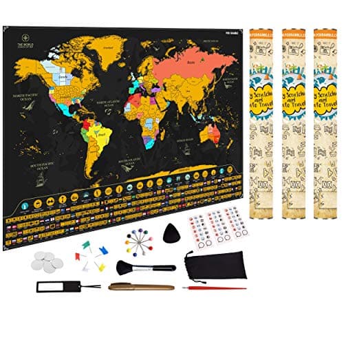Fox Ramble 3-Pack Scratch Off World Map - Enjoy, Track and Share Your Adventures. Large Scratch Travel Poster 17x24, Printed with Flags, Landmarks and Wonders. Best Gift Idea for Travelers