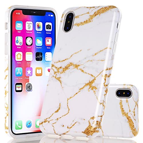 iPhone X Marble Case, Wastou Marble Pattern Slim Fit Soft Flexible TPU Matte Silicone Protective Phone Cover [Support Wireless Charging] for Apple iPhone X (2017) (White Sparkle Gold)