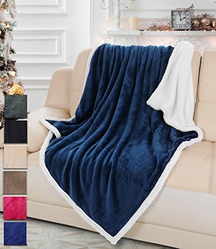 Blue Sherpa Throw Plush Blanket Size 50" x 60" Bedding Fleece Reversible Blanket for Bed and Couch, Super Soft Comfy Warm Fuzzy TV Blanket