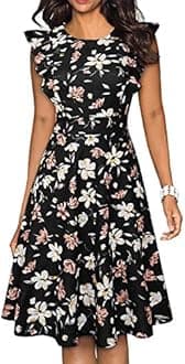Women's Vintage Ruffle Floral Flared A Line Swing Casual Cocktail Party Dresses