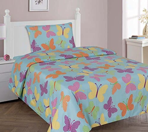 Kids printed sheet set: Flat &amp; fitted sheets with pillow cases. Choose from butterfly, Dinosaur, Shark, Princess, sports, sailor prints Twin or Full (Twin, Turquoise)