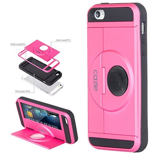 iPhone SE, iPhone 5S iPhone 5, Dual-layer Heavy Duty Cover with Slider ID Credit Card Slot Cash Holder Foldable Kickstand for Apple iPhone SE iPhone 5S iPhone 5 by Cazle (Pink)