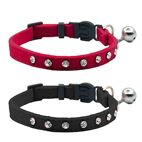 Cat Breakaway Collar Medium Large Cat Adjustable Necklace Red Black Cat Puppy Collar-Velvet Necklace-Safety Bing Crystal Rhinestone Pet Collar Set with Bell for Kitten 2pcs Pack