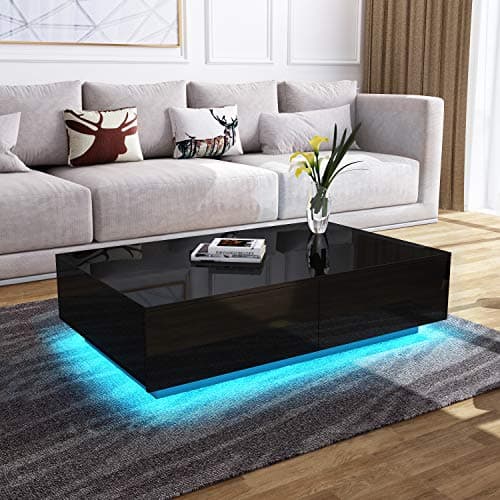 Modern RGB LED Light Coffee Tea Table with Storage Drawers & Shelvs High Gloss Living Room Furniture (Black, 4 Drawers, 95 * 60 * 31cm)