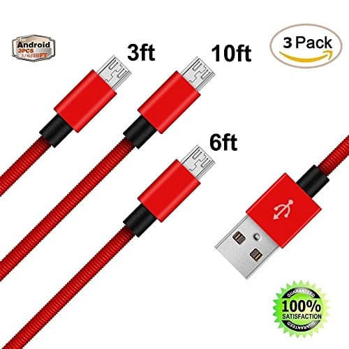 USB Cables [3-Pack 3.6.10ft] Nylon Braided Lightning Durable Micro USB Cables/Android Cable for Samsung, HTC, Nexus, LG, Sony, Nokia, Motorola,Smartphones,Tablets,XBOX,PS4,GPS (red)