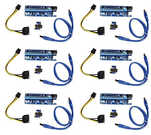 MinerParts 6-Pack PCIe Powered Riser Adapter Card - USB 3.0 PCIe 1x to 16x Extender Card - 6-Pin PCI-E to SATA Power Cable - Blue Version 7
