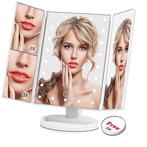 Samways Trifold Makeup Vanity Mirror 22 LED Lights 1x/2x/3x/FREE 10x Magnifying Illuminating Dimmable Daylight Folding Stand Mirrors Touch Control Adjustable Best Women Cosmetic Make-up Shaving White