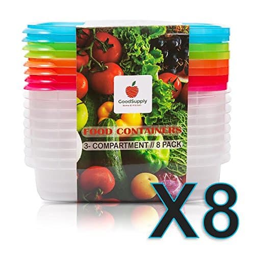 [8 Pack] Bento Lunch Boxes , 3 Compartments Food Storage Containers set with lids , BPA Free , Microwave , Dishwasher , and Freezer Safe + [FREE BONUS CUTLERY and E-BOOK