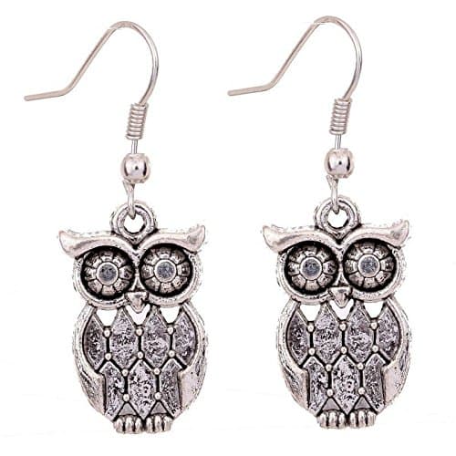 Tibetan Silver Antique Latticed Pattern owl Ear Wire Hook Dangle Earrings