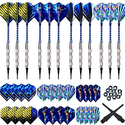 Soft Tip Darts Set 18g,12 PC Professional Plastic Tipped Dart, Blue Aluminum Rods Shafts, 24 Holographic Flights (16 Standard/8 Slim), 60 Nylon Safety Points For Electronic Dartboard